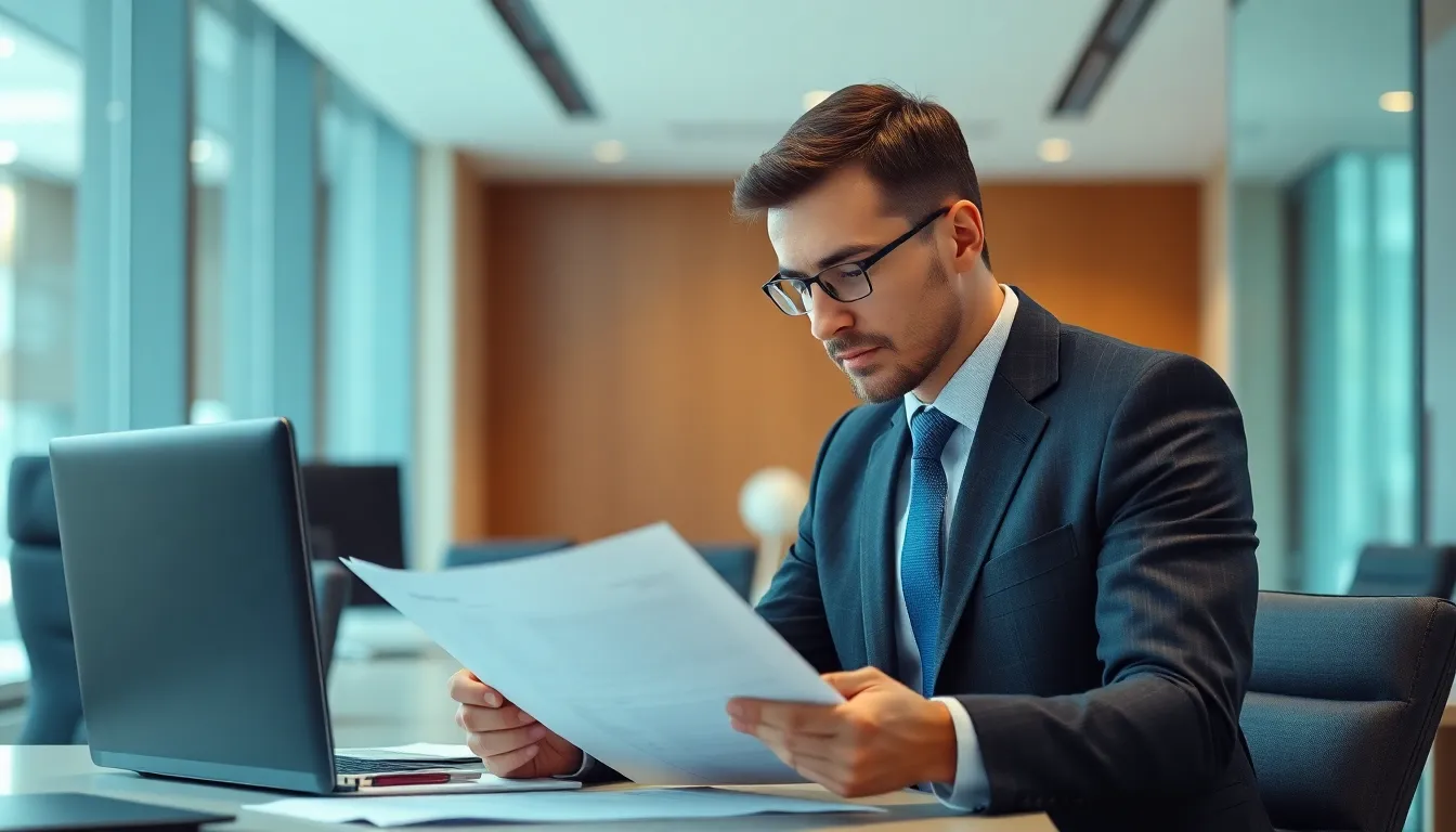 Schweizer Treuhänderin prüft Finanzdokumente in einem modernen Büro