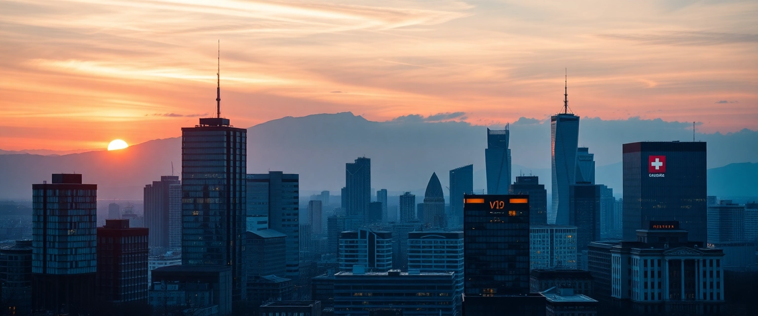 Skyline des Schweizer Finanzviertels bei Sonnenuntergang