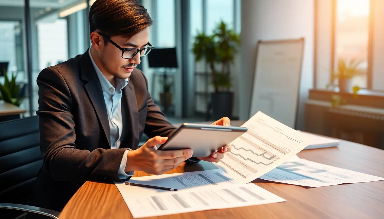 Professionelle Person prüft Finanzdokumente auf einem Tablet