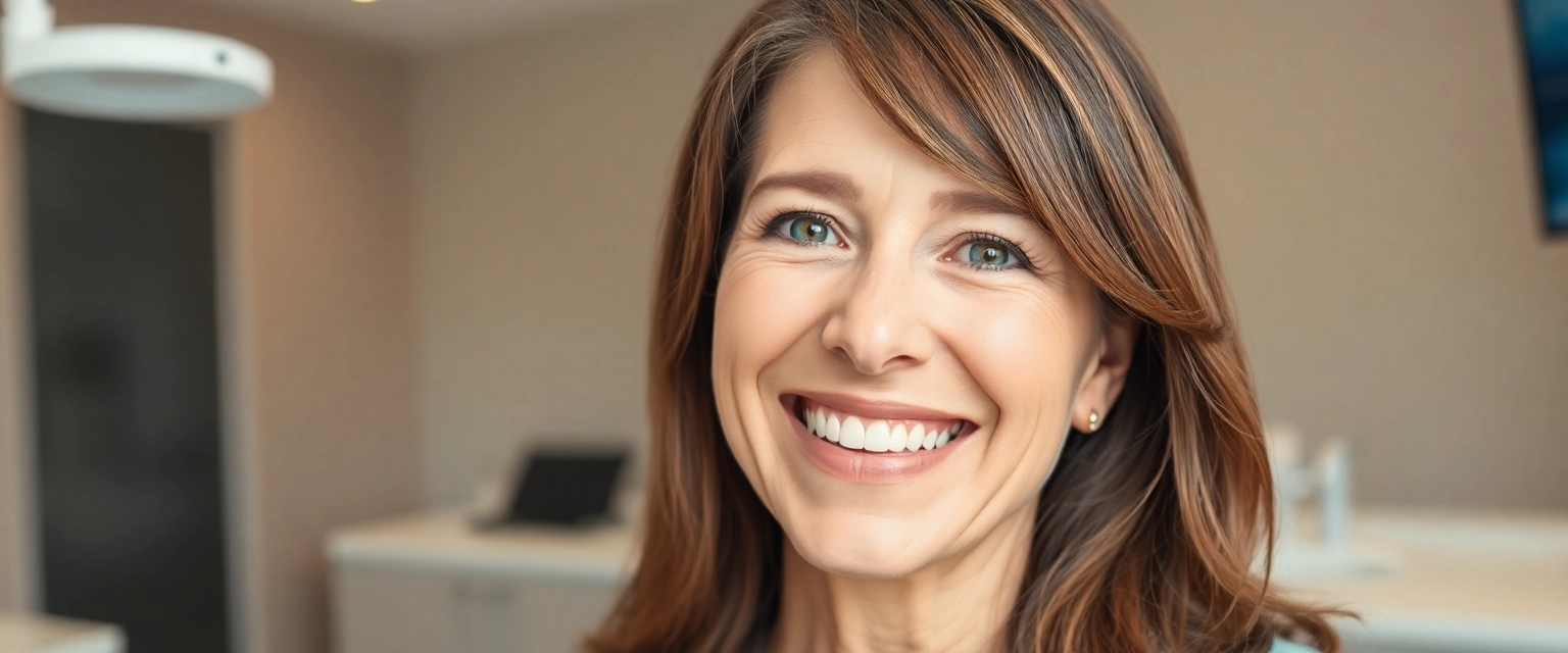 Glückliche Frau lächelt nach Zahnimplantat-Behandlung