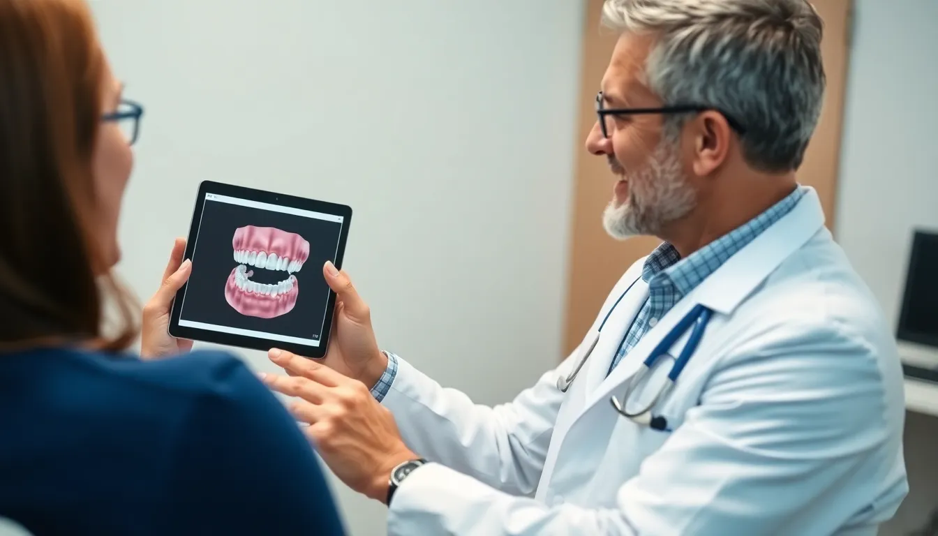 Zahnarzt erklärt Patientin 3D-Scan für Implantate