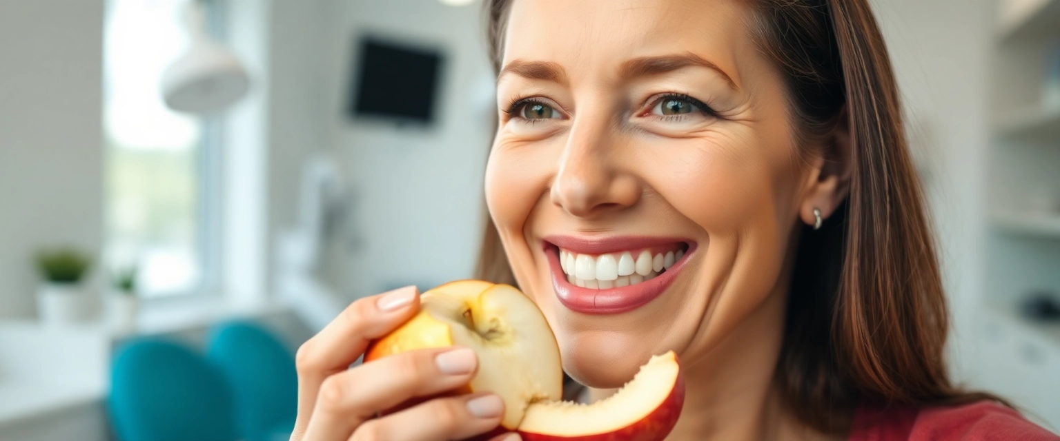 Frau mit zwei Zahnimplantaten lacht und isst einen Apfel