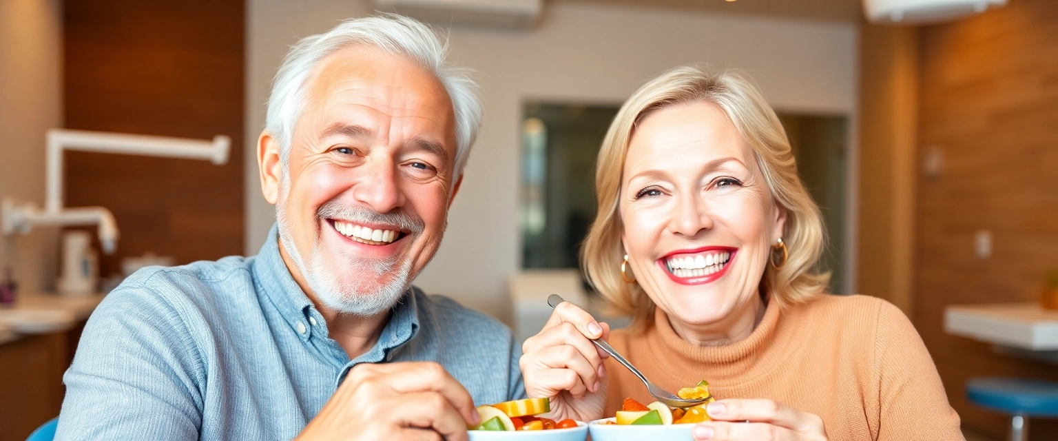 Glückliches Paar mit gesunden Zahnimplantaten