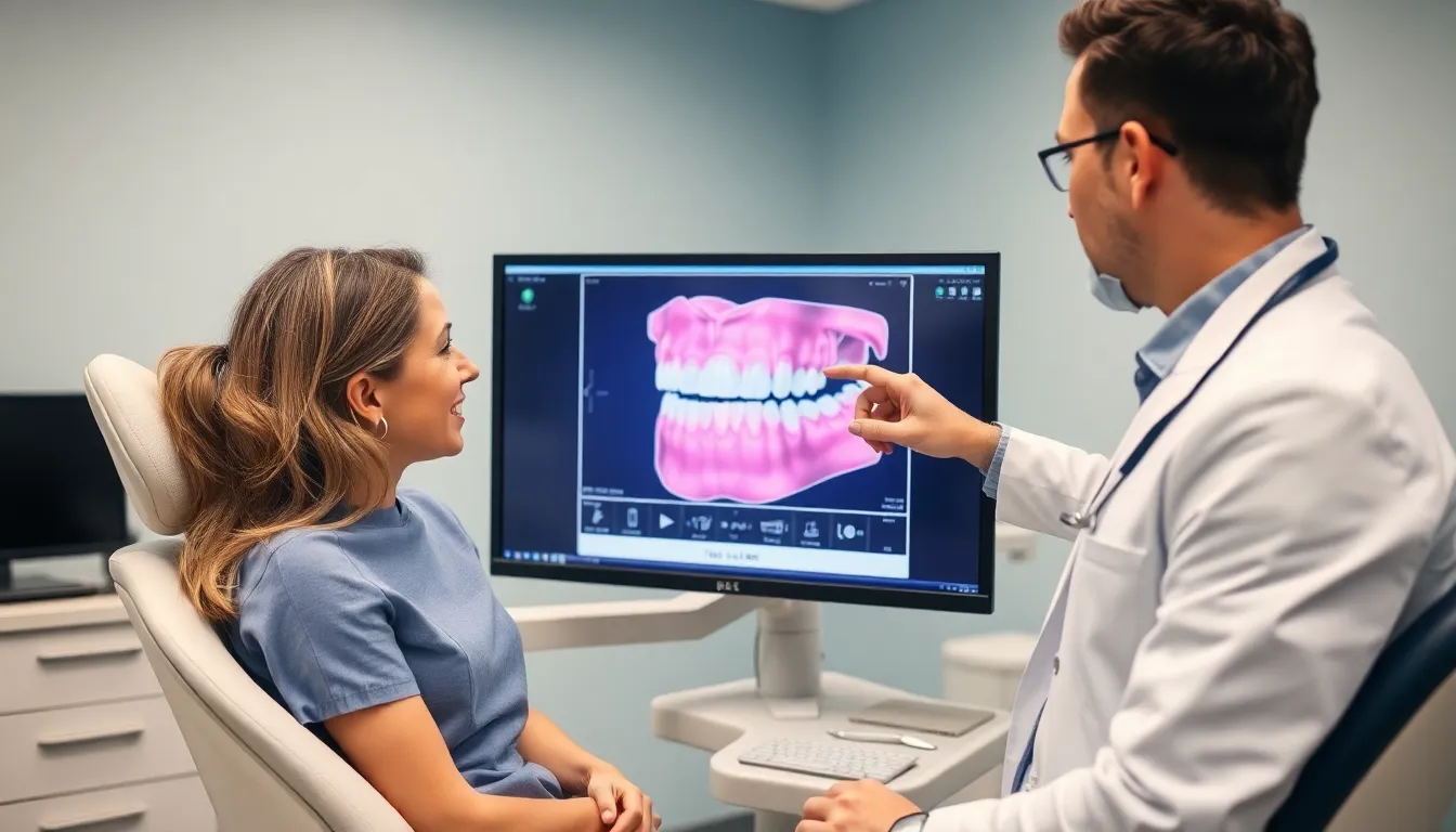 Zahnarzt erklärt Patient 3D-Scan für Implantatplanung