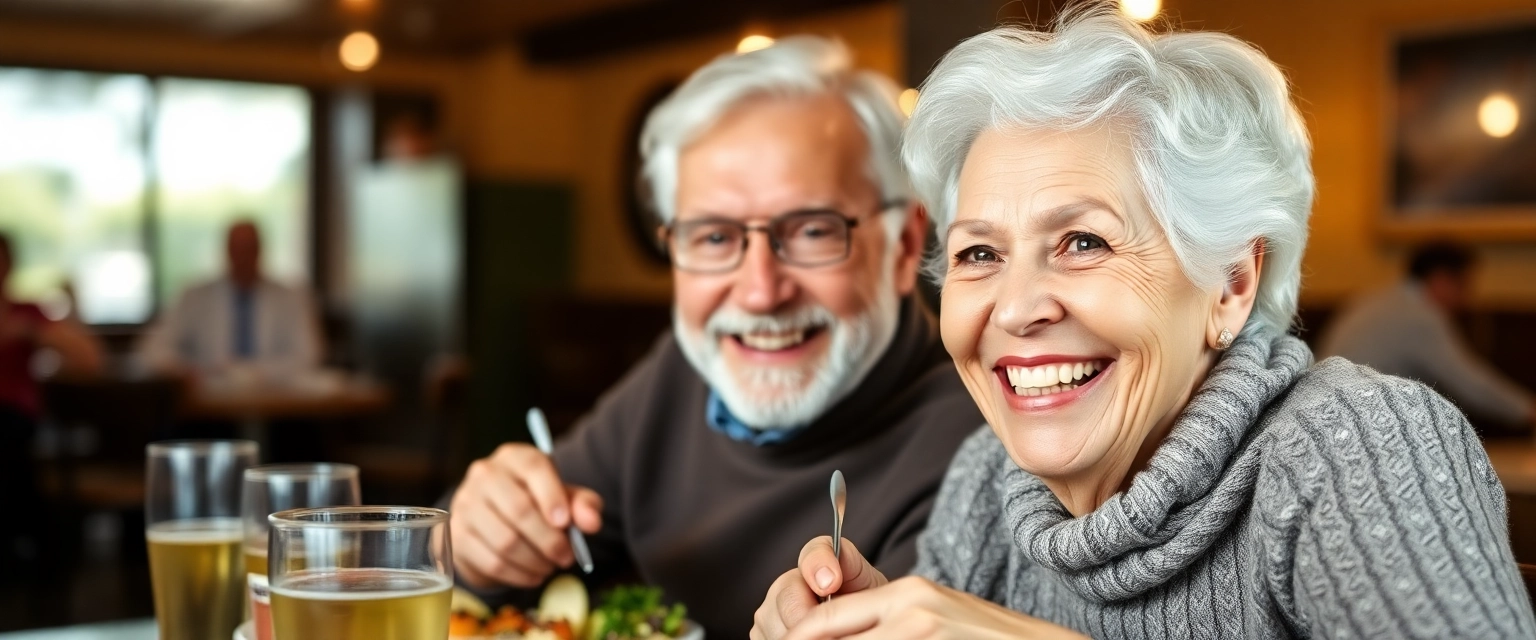 Glückliches älteres Paar beim Essen mit natürlicher Zahnprothese