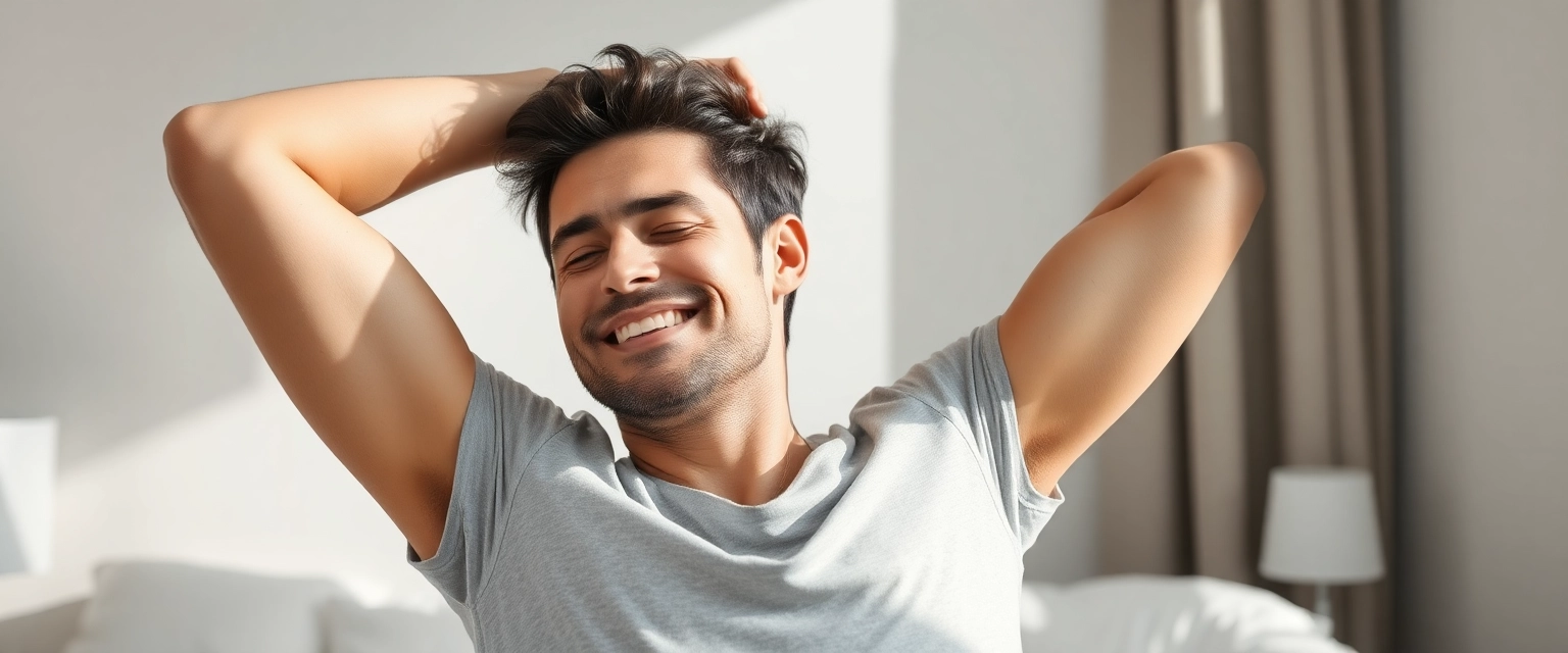 Glückliche Person wacht schmerzfrei auf nach erholsamem Schlaf dank Bruxima Schiene