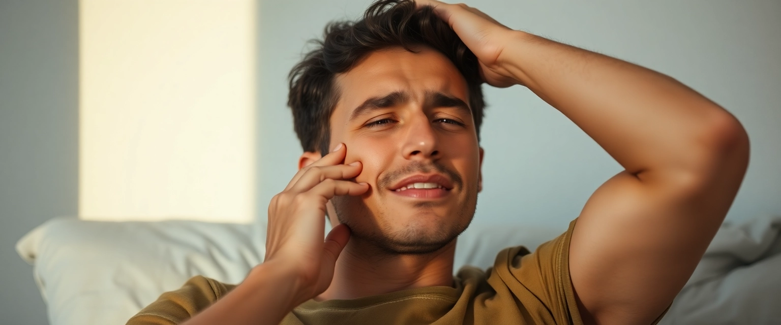 Person wacht auf und dehnt den Kiefer, auf der Suche nach Linderung von Bruxismus