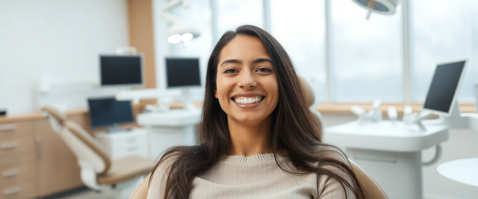 Glückliche Patientin mit strahlendem Lächeln nach CEREC-Behandlung