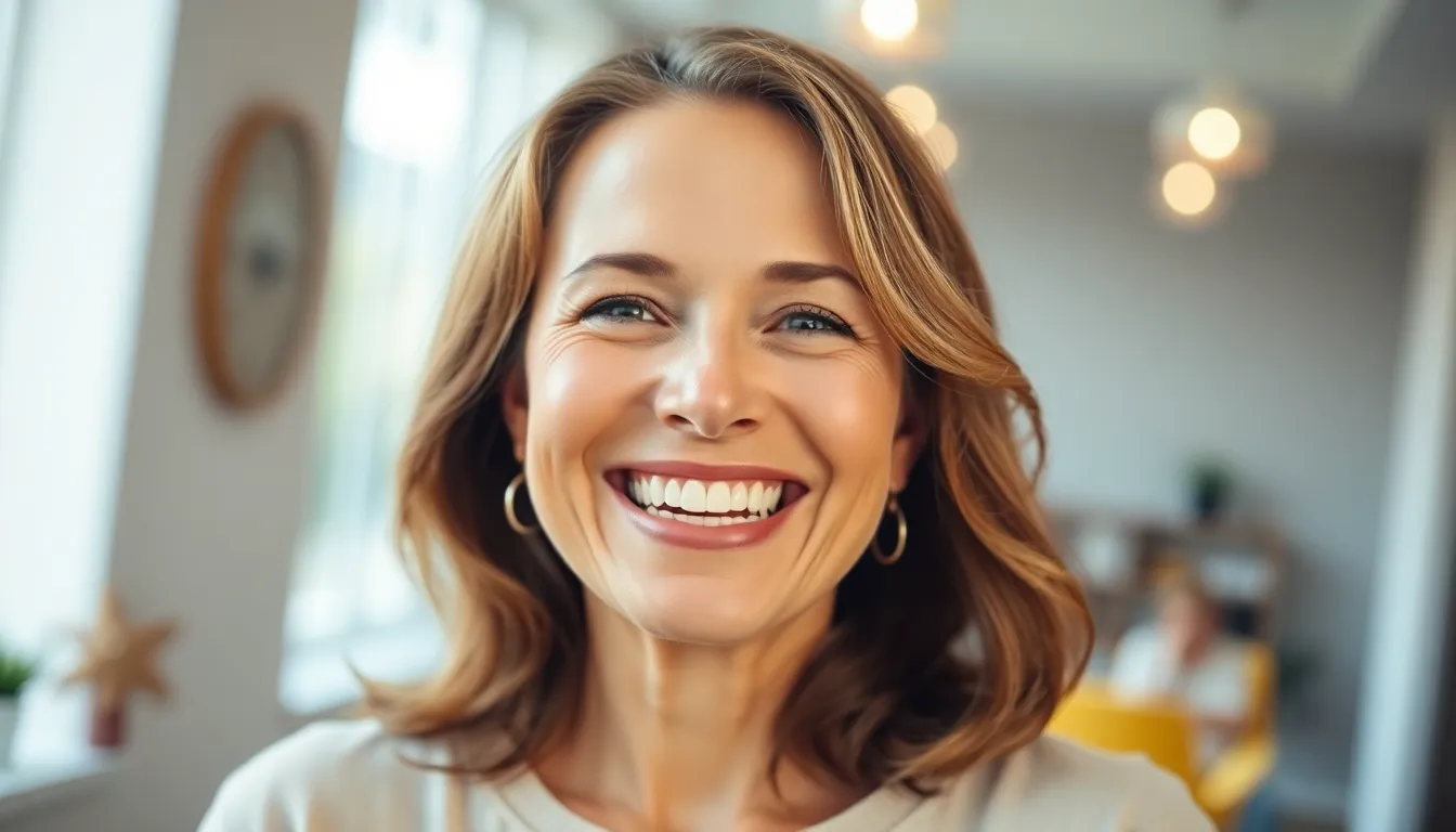 Frau mit strahlendem Lächeln nach CEREC-Behandlung