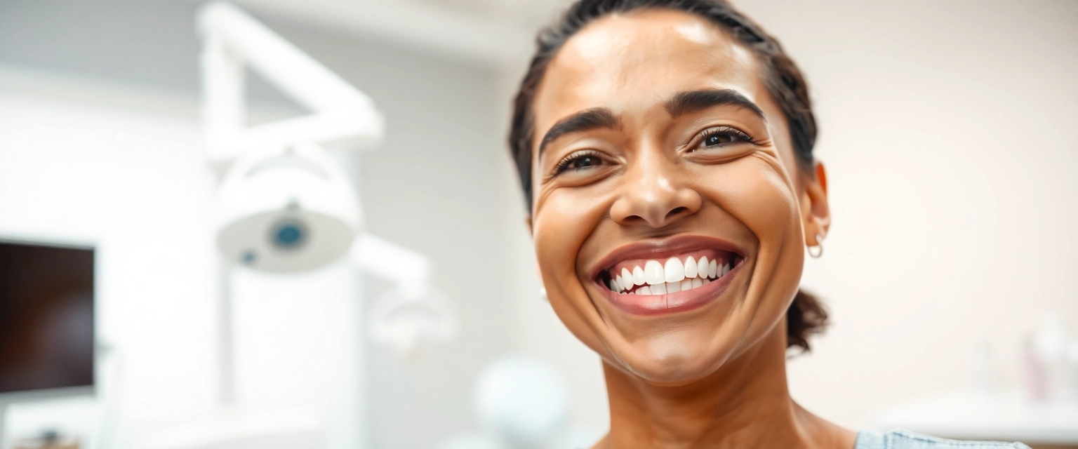 Glücklicher Patient mit strahlendem Lächeln in moderner Zahnarztpraxis