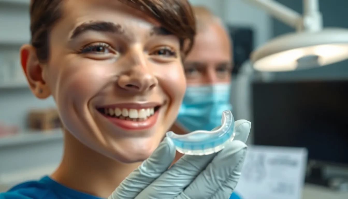 Patientin mit neuer Knirscherschiene und Pflegehinweisen