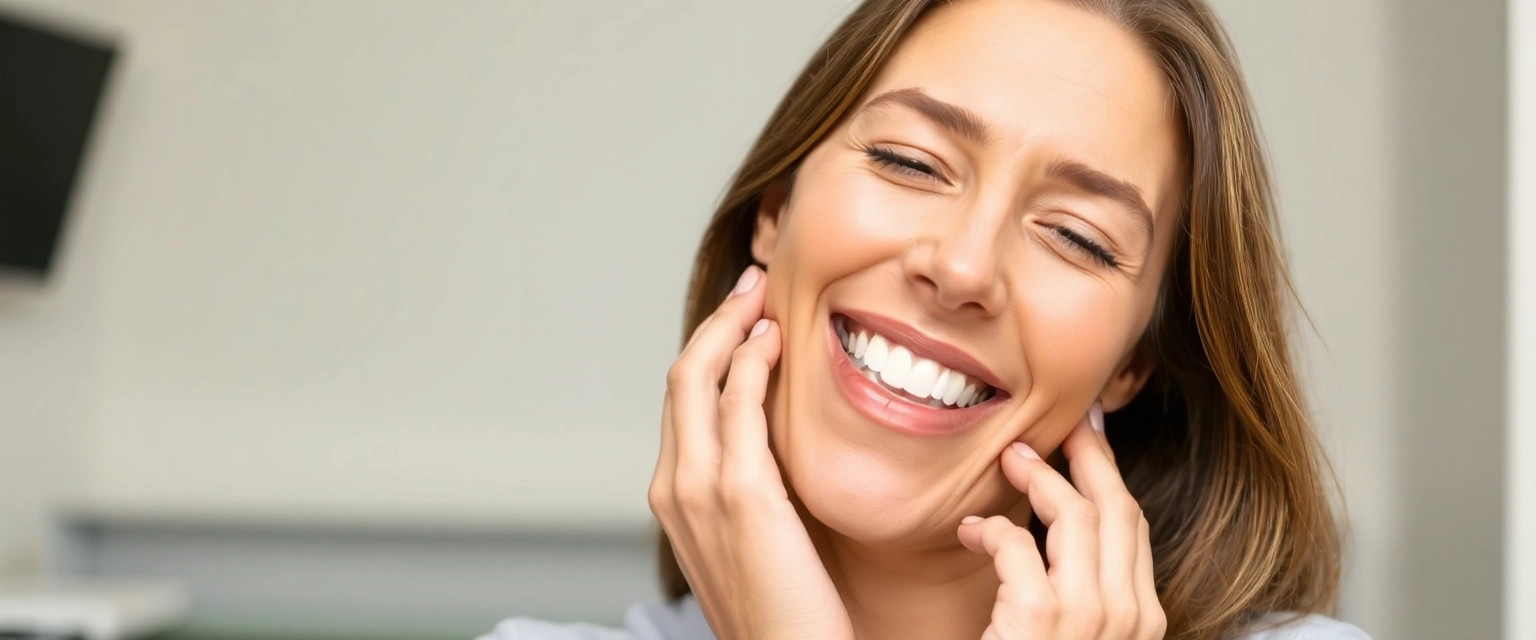 Frau mit erleichtertem Ausdruck, die sich nach dem Tragen einer Knirschschiene von Kieferschmerzen erholt hat.