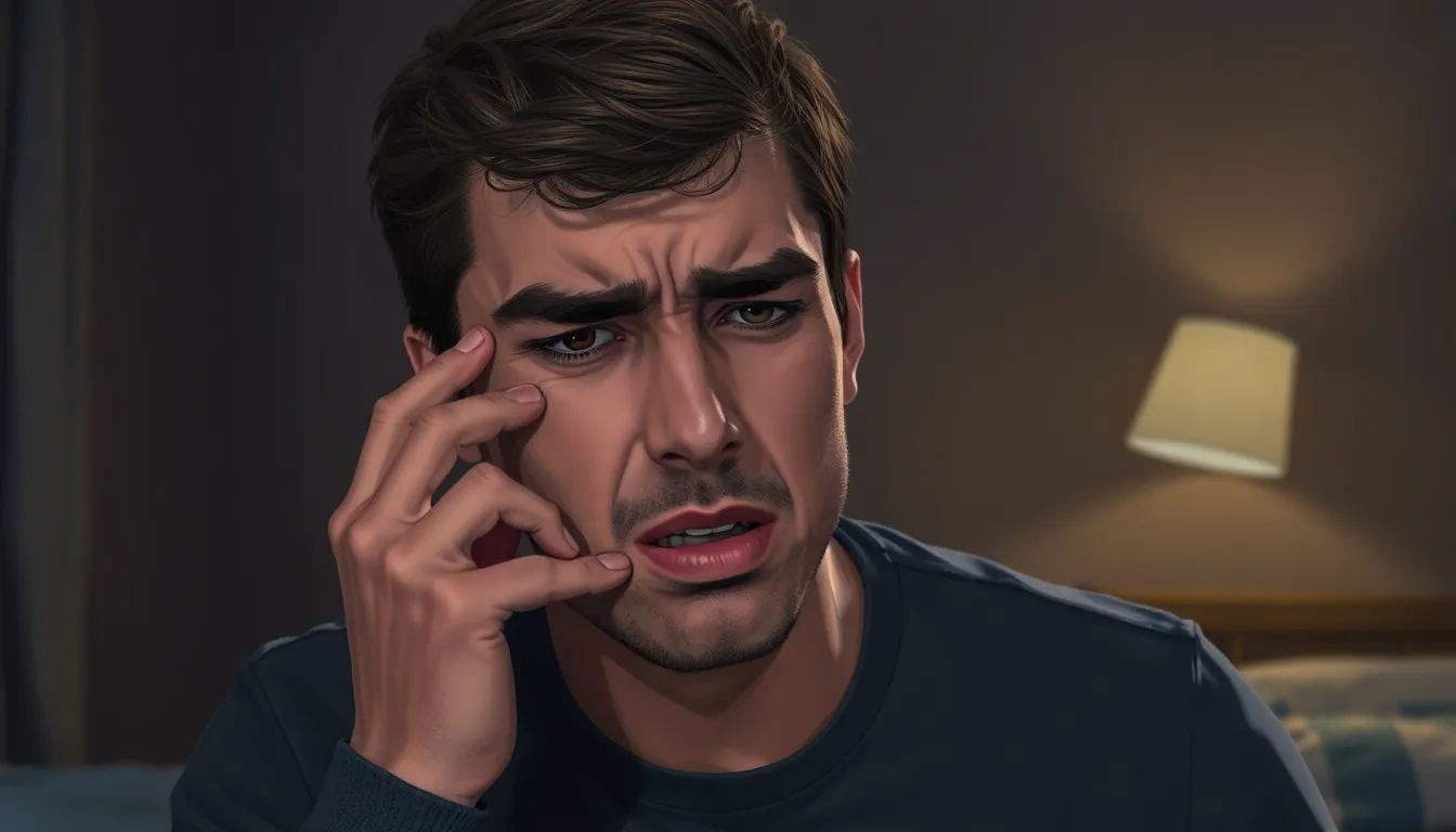 Eine frustrierte Person, die sich nachts den schmerzenden Kiefer reibt, weil die Knirschschiene unbequem ist.