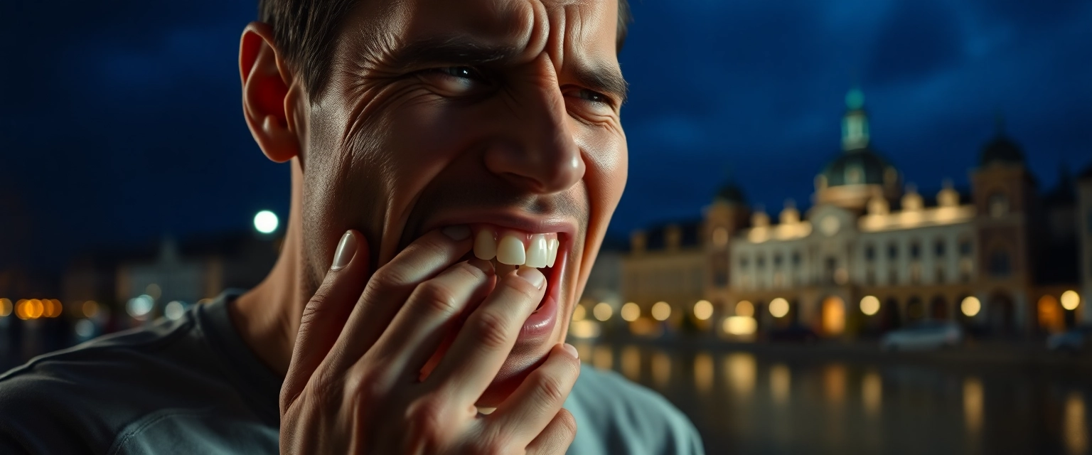 Person mit Zahnschmerzen sucht Notfall Zahnarzt 24h Bern