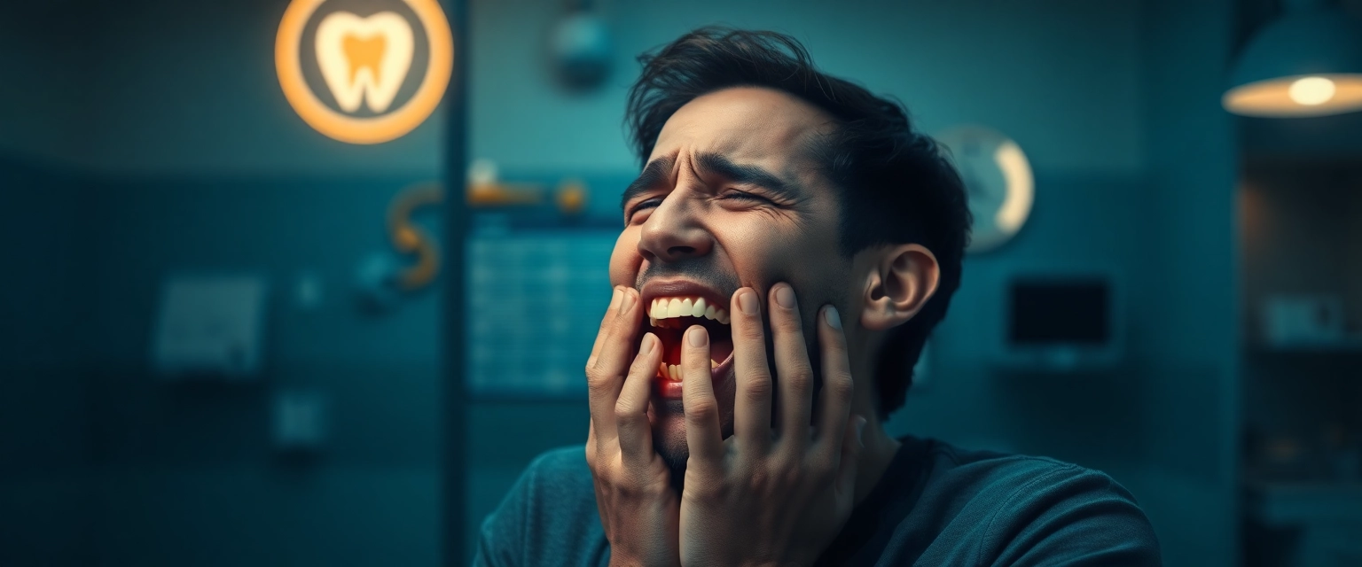 Person mit Zahnschmerzen sucht Notfall Zahnarzt