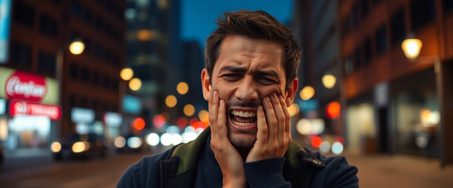 Person mit Zahnschmerzen sucht Notfall Zahnarzt