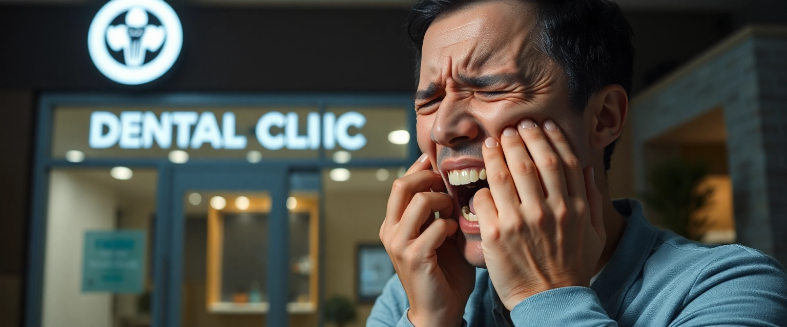 Person mit Zahnschmerzen sucht Notfall-Zahnarzt