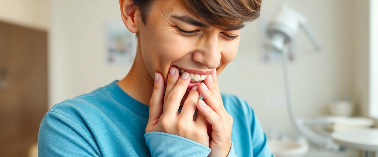 Person mit Weisheitszahn Schmerzen sucht Linderung in einer Zahnarztpraxis