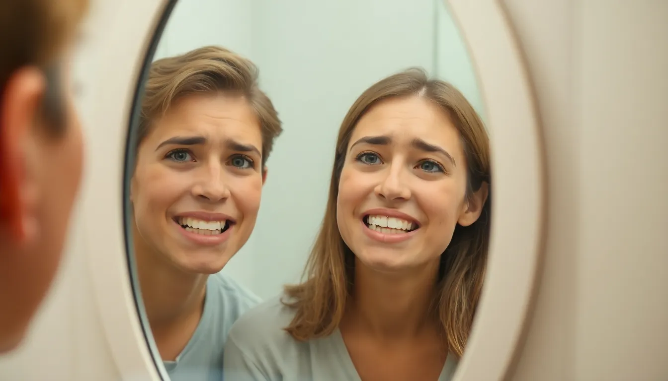 Person schaut sich im Spiegel an und ist unzufrieden mit Zahnverfärbungen