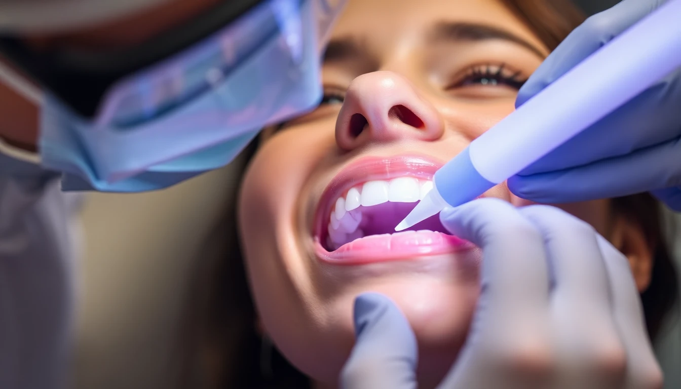 Zahnarzt führt professionelles Bleaching durch