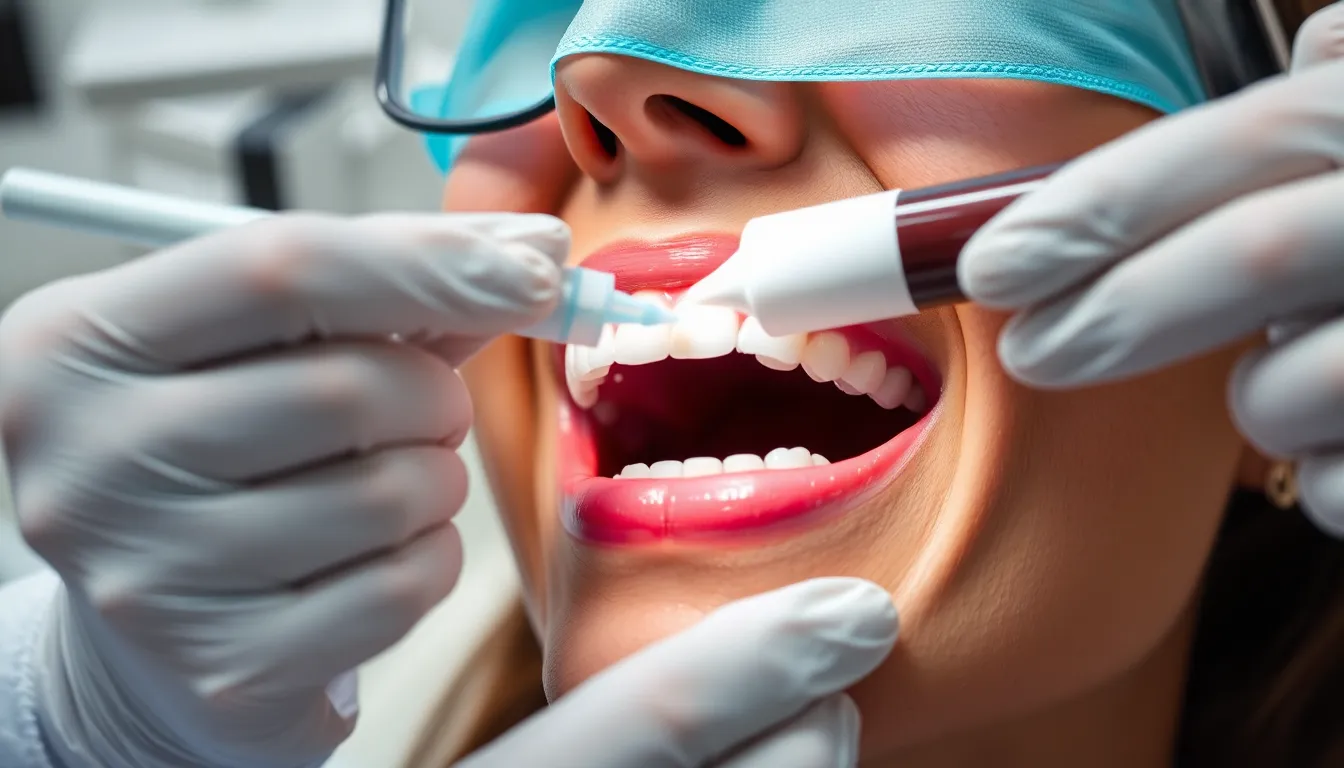 Zahnarzt führt professionelles Bleaching durch