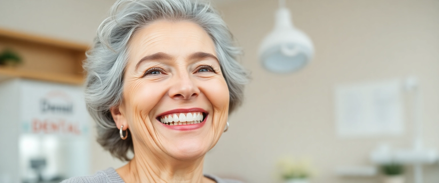 Glückliche Patientin mit neuer Zahnbrücke