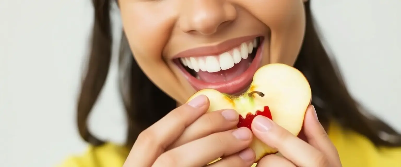Glückliche Person isst Apfel nach Zahnersatz für Backenzahn