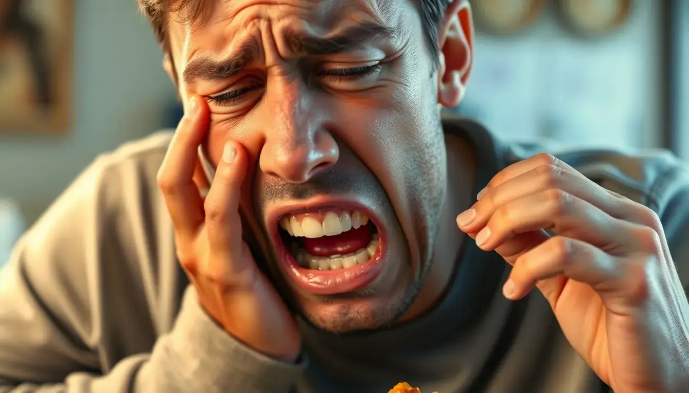 Person mit Kauschwierigkeiten und Schmerzen durch fehlenden Backenzahn