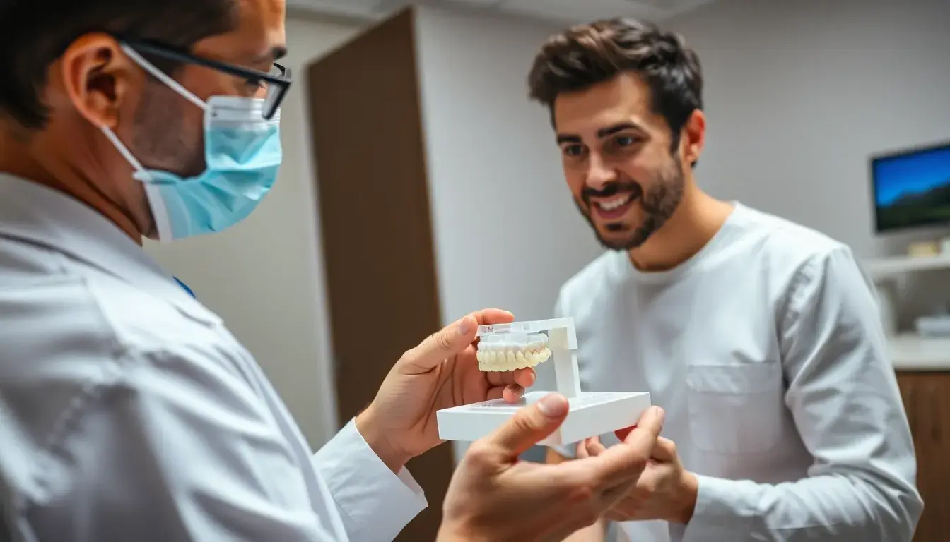 Zahnarzt erklärt Patientin 3D-Modell für Zahnersatzplanung