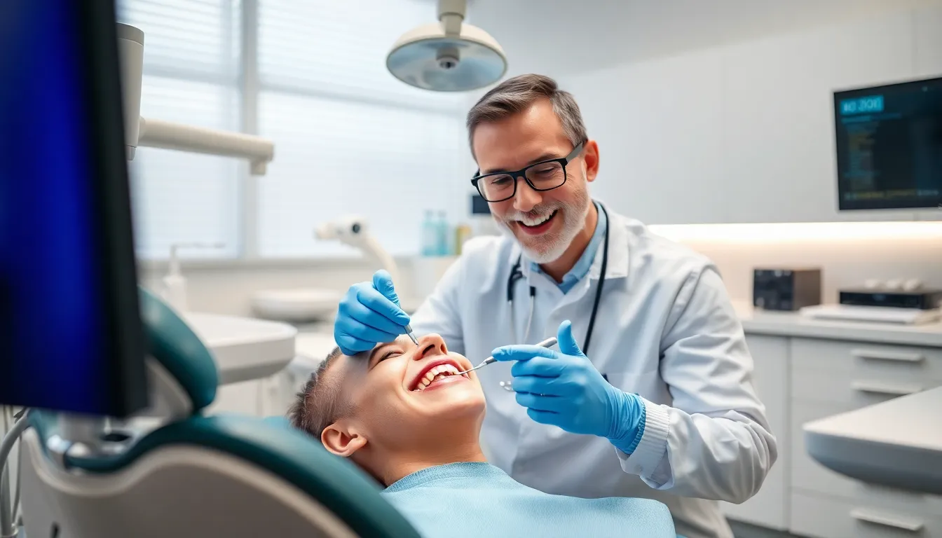 Patientin lächelt während einer modernen Zahnbehandlung mit CEREC