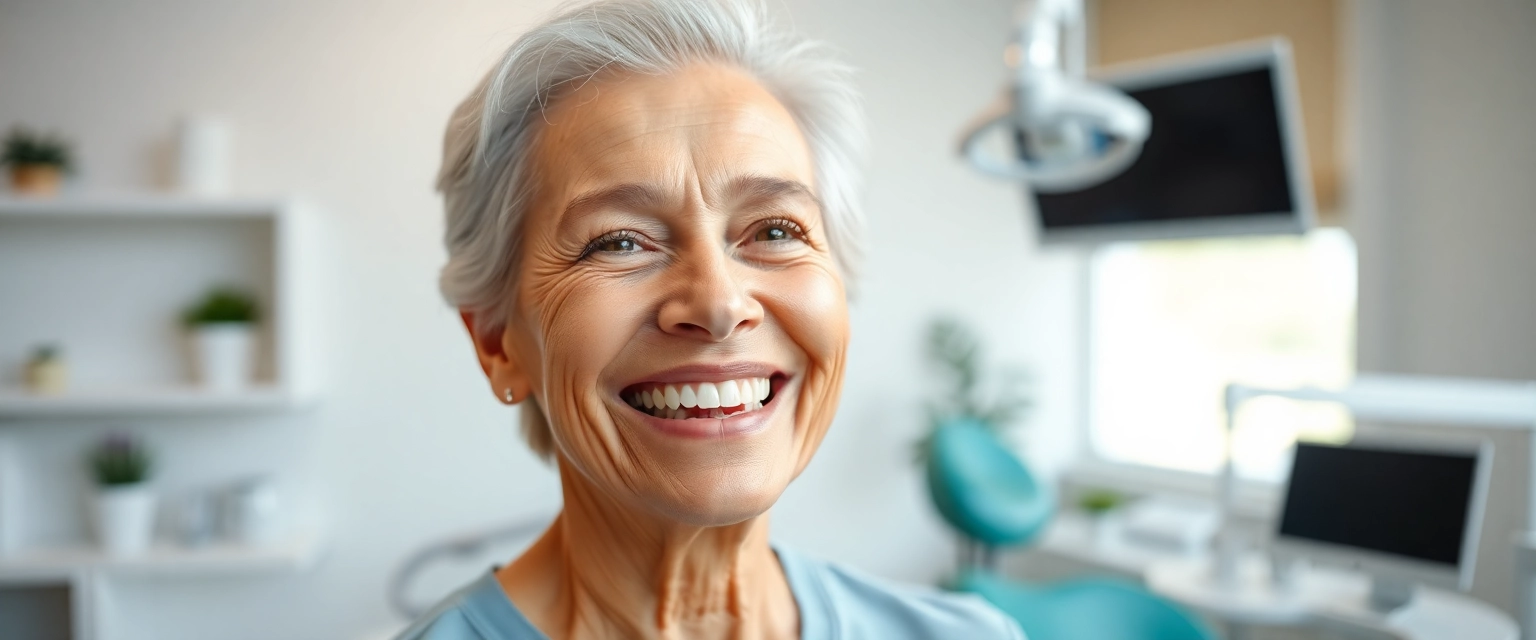 Glückliche Person mit neuem Zahnersatz