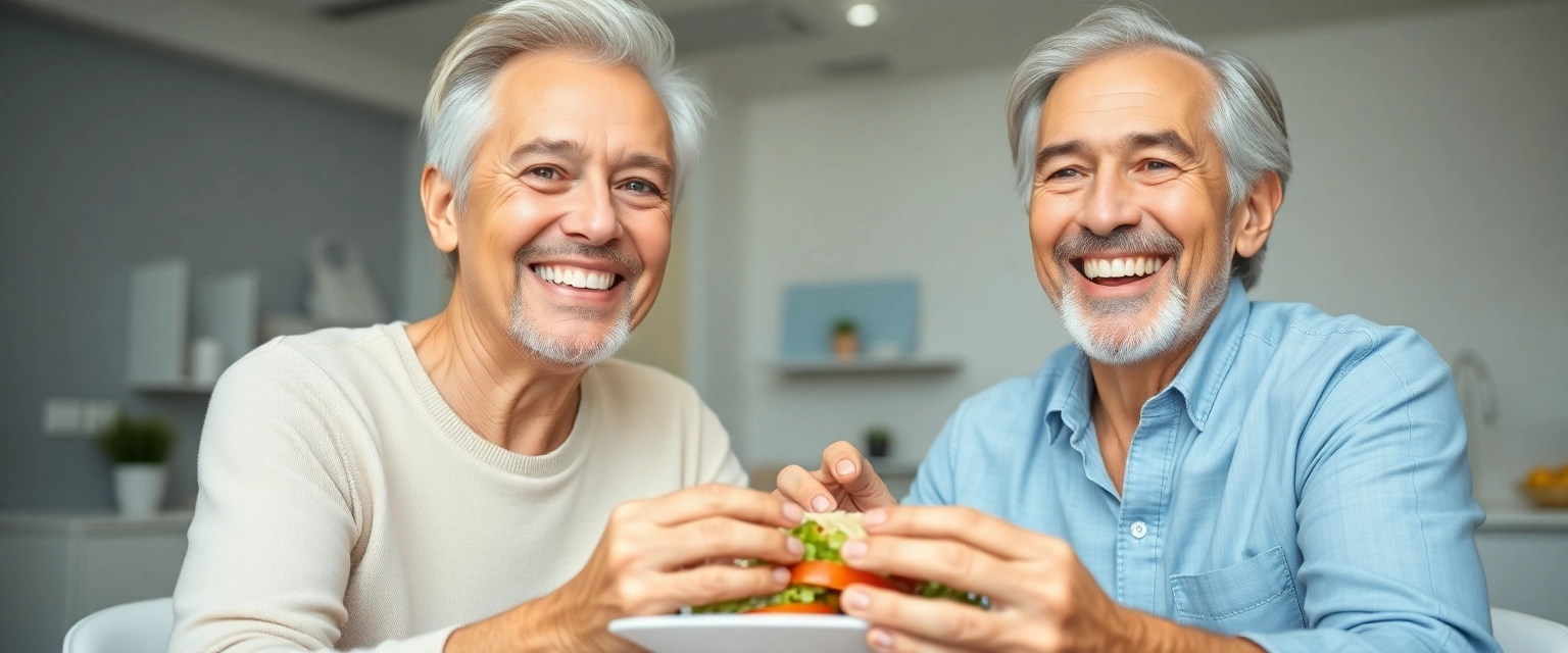 Glückliches älteres Paar isst und lacht nach Zahnersatz 4 in one Behandlung