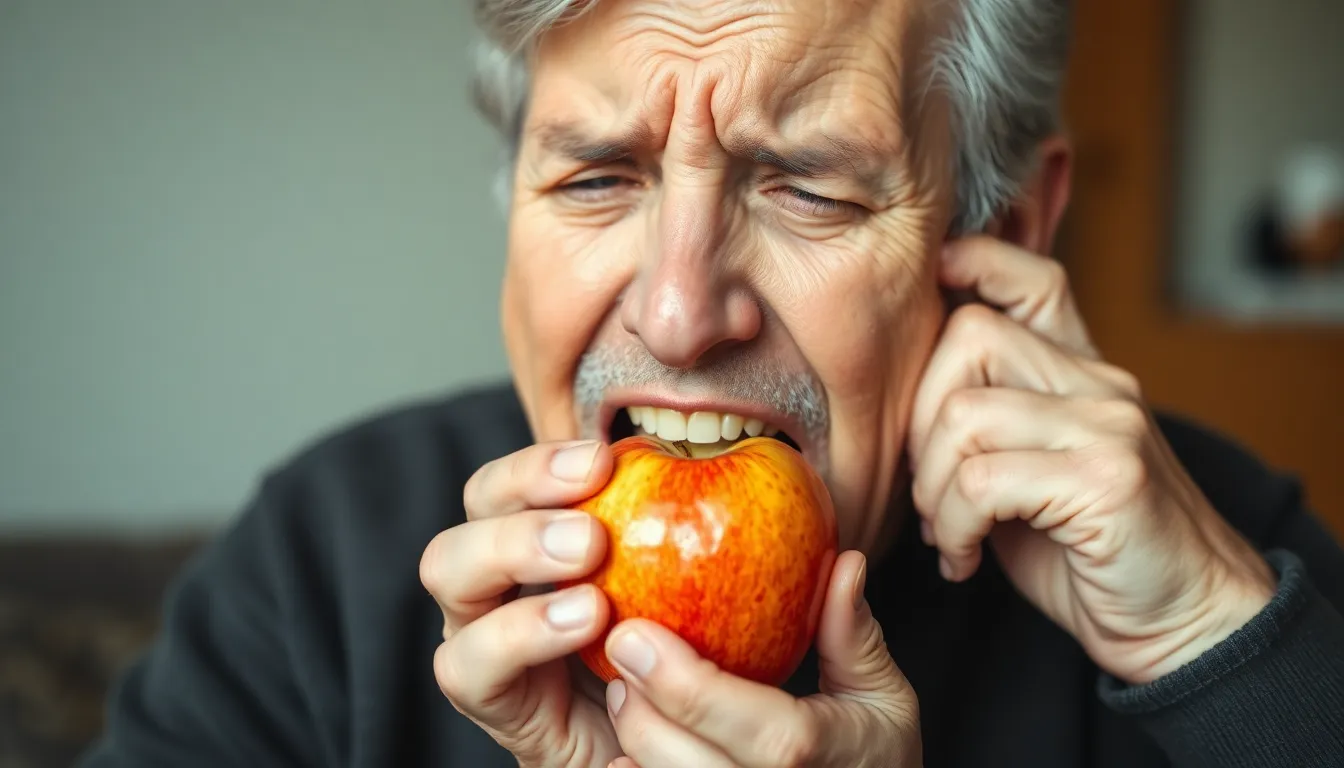 Frustrierte Person beim Essen mit lockeren Prothesen