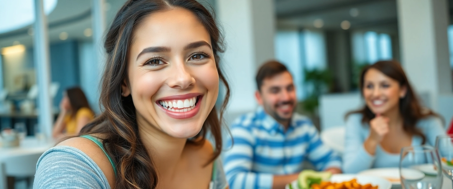 Glückliche Person lächelt selbstbewusst mit Zahnbrücke und isst unbeschwert