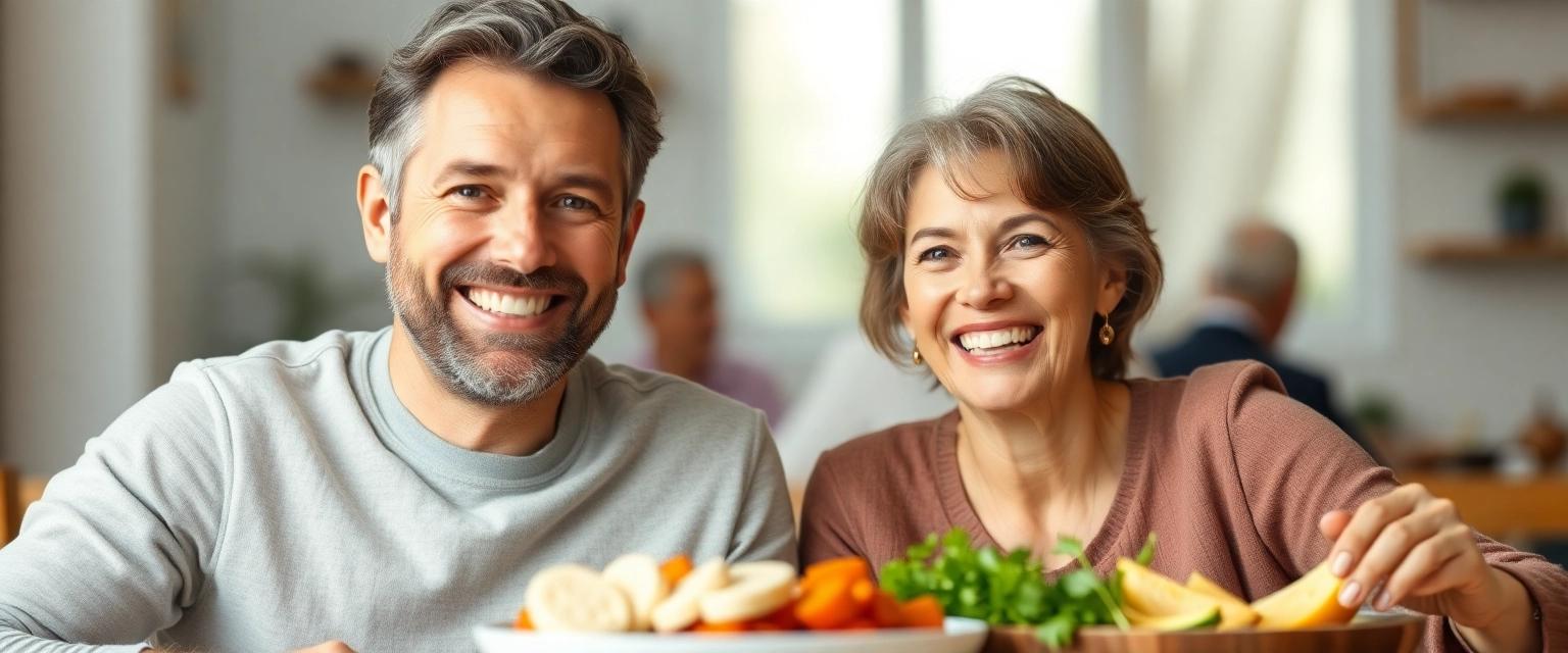 Glückliches Paar isst mit Zahnersatz Implantat