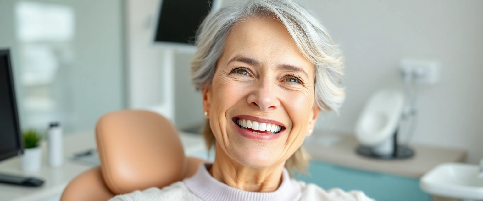 Glückliche Patientin mit neuem Zahnersatz