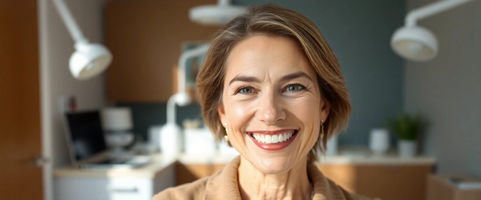 Glückliche Frau mit neuem Zahnersatz