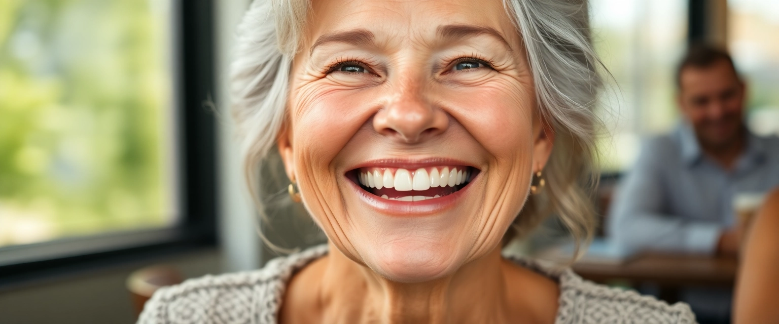 Glückliche Frau mit neuem Zahnersatz im Oberkiefer