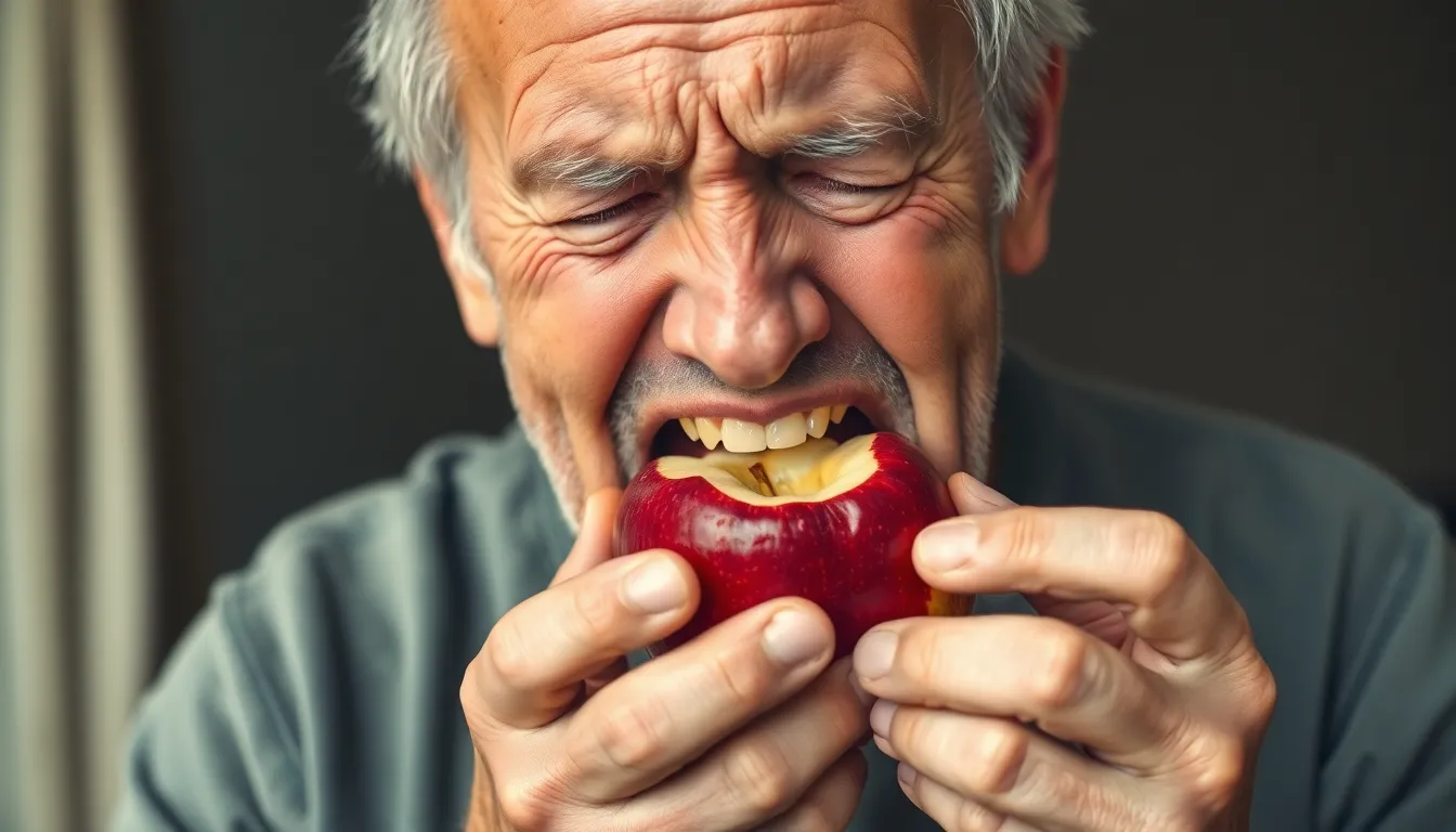 Mann mit Schwierigkeiten beim Essen aufgrund von Zahnersatz