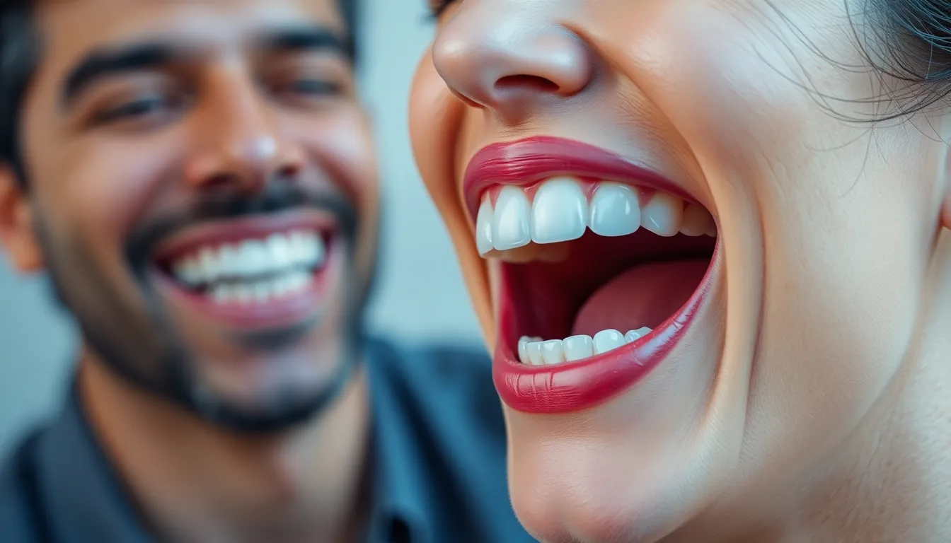 Person mit natürlichem, festem Zahnersatz im Oberkiefer