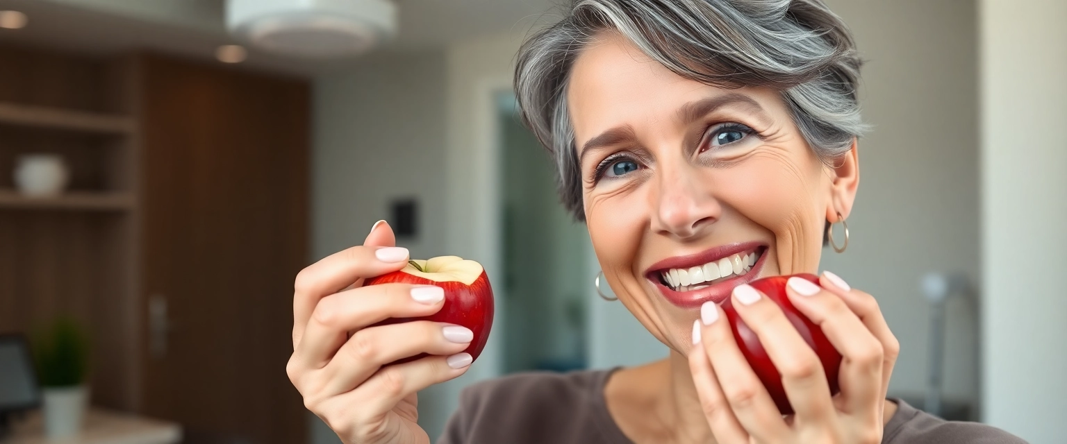Frau mit strahlendem Lächeln dank Zahnimplantaten