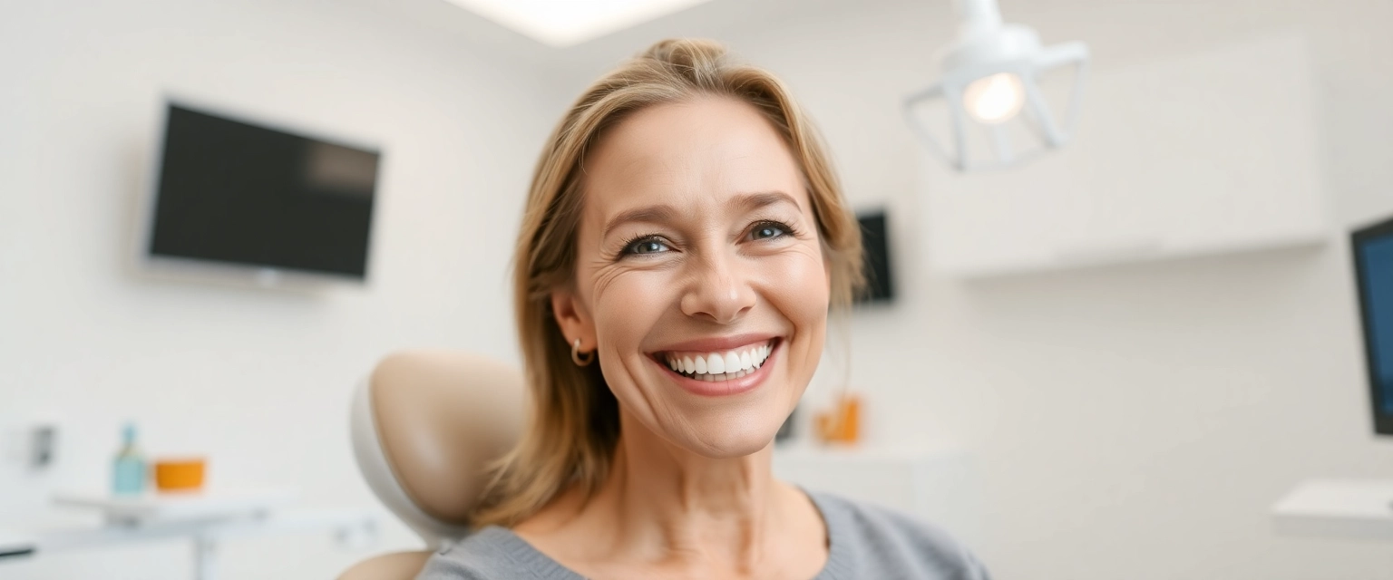 Frau mit strahlendem Lächeln nach Zahnimplantatbehandlung