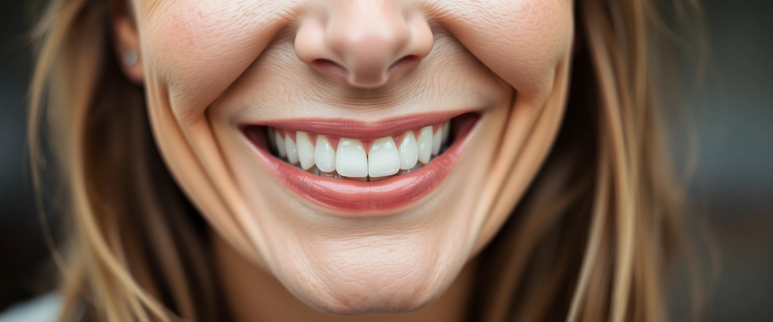 Glückliche Frau mit strahlendem Lächeln dank Zahnimplantaten
