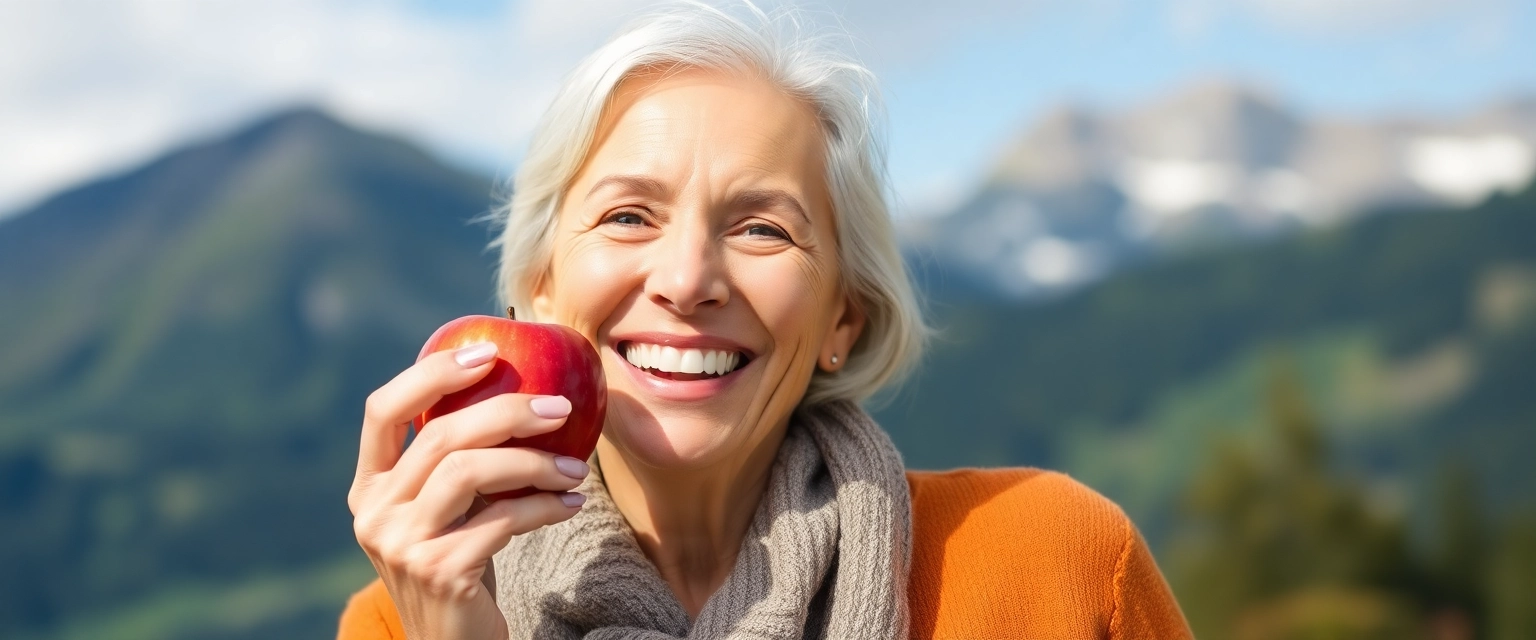 Frau mit strahlendem Lächeln dank Zahnimplantaten in der Schweiz