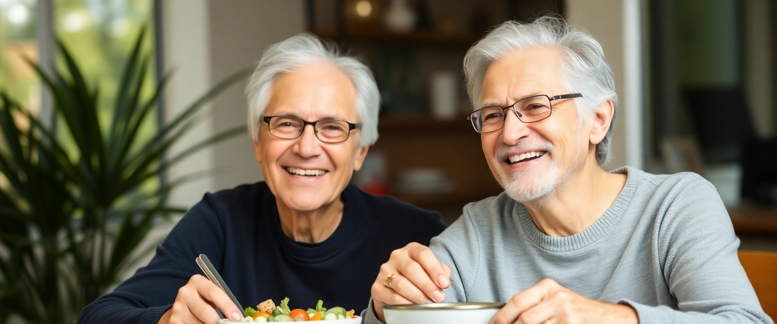 Glückliches älteres Paar lächelt nach Zahnimplantat-Behandlung