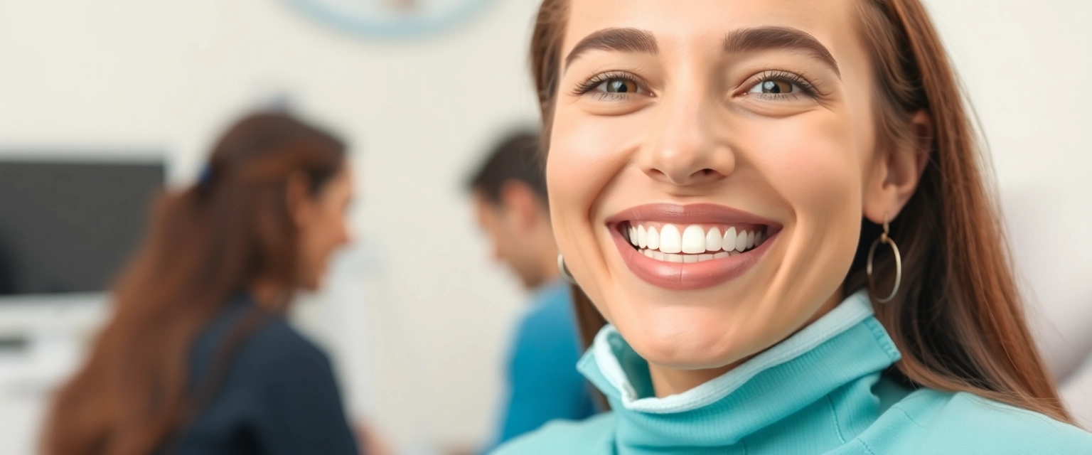 Glückliche Person mit strahlendem Lächeln nach Zahnimplantat-Behandlung