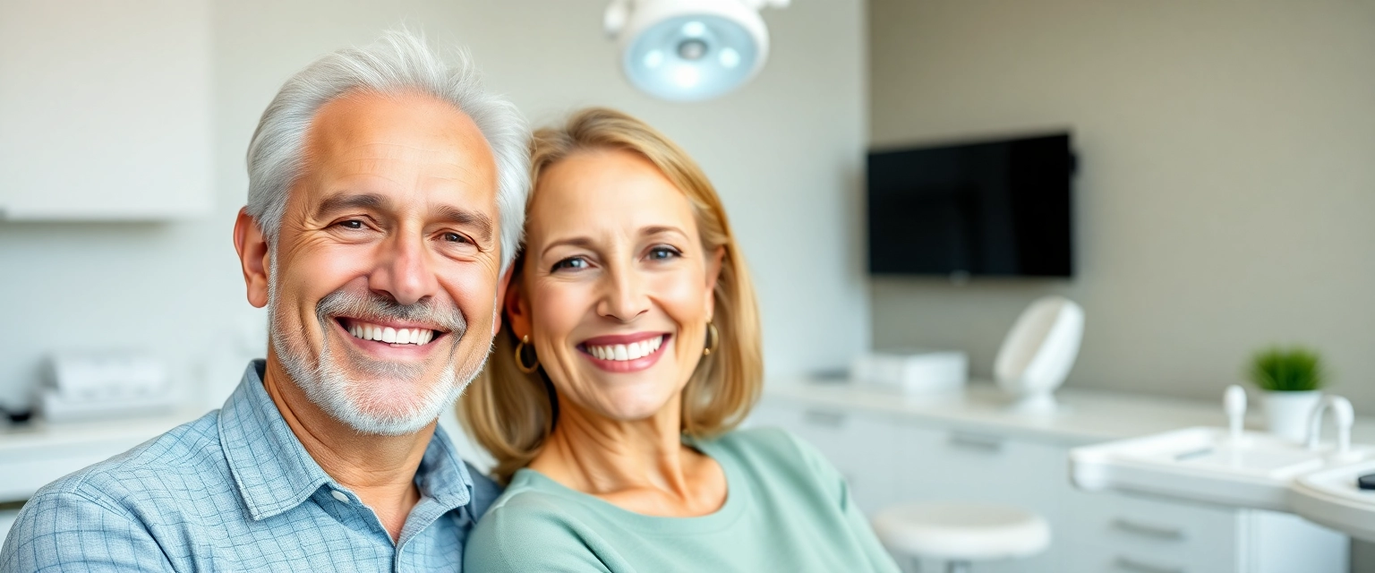 Glückliches älteres Paar mit perfekten Zahnimplantaten