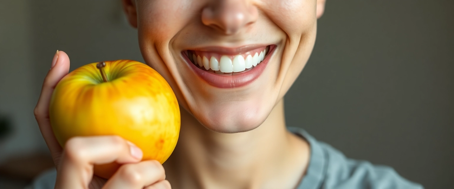 Glückliche Person isst Apfel nach erfolgreicher Zahnimplantat-Behandlung