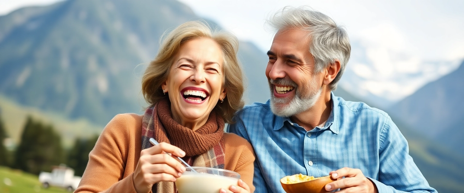 Glückliches älteres Paar lacht und isst zusammen mit natürlichen Zähnen