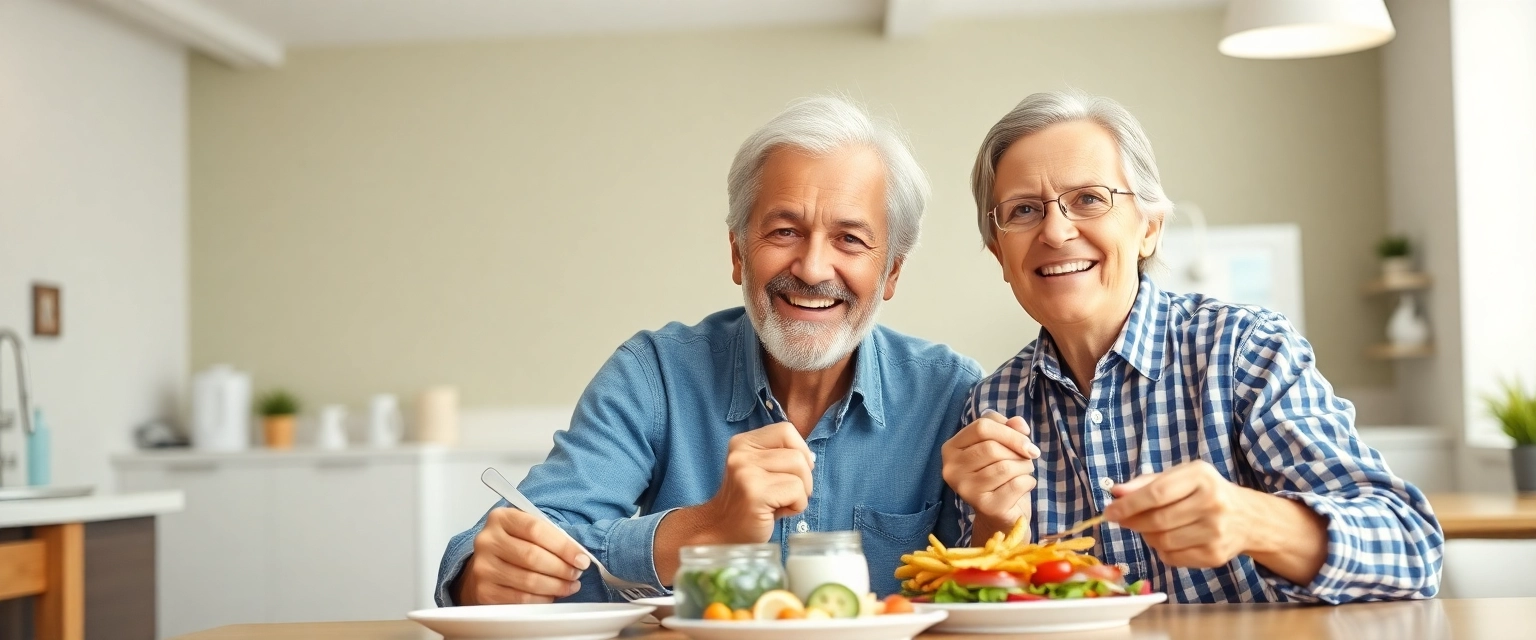 Glückliches älteres Paar isst mit fester Zahnprothese